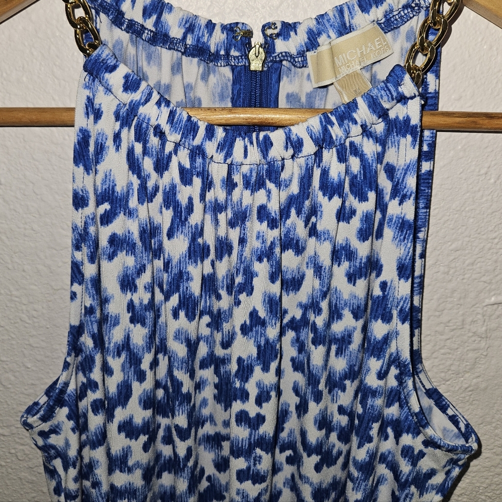 Michael Kors MK Gold Chain Blue Sky Puffy Clouds Midi Dress M NWOT